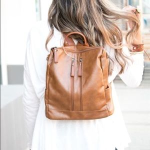 Cognac Brown Faux Leather Backpack